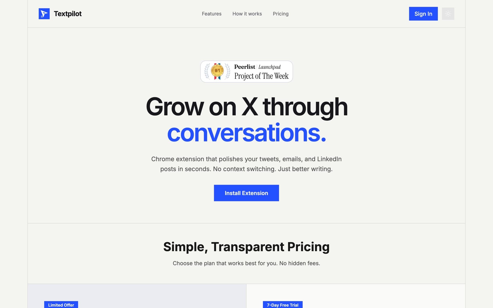 Web de Textpilot: Extensión de Chrome para escribir mejor en X y LinkedIn.